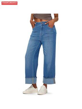 High Waisted Wide Leg Cuffed Cropped Jeans Stretchy Knit Denim